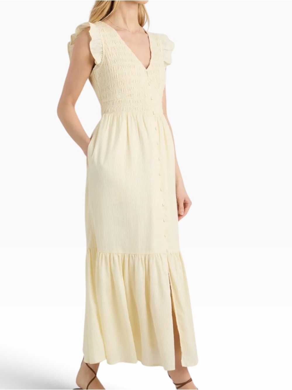 Quince Organic Textured Cotton Smocked V-Neck Midi Dress in Pale Custard Yellow